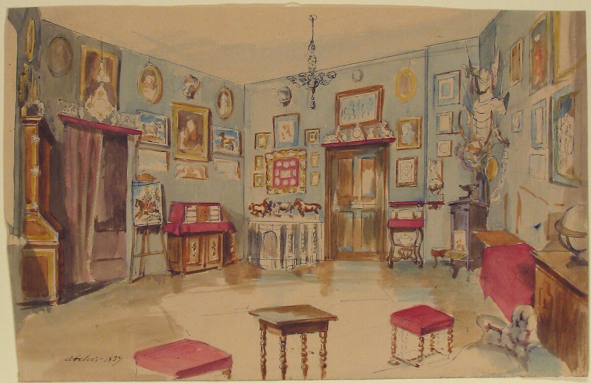 Drawing of an Interior: Atelier, Anonymous, French, 19th century, Graphite, pen and blue ink, watercolor