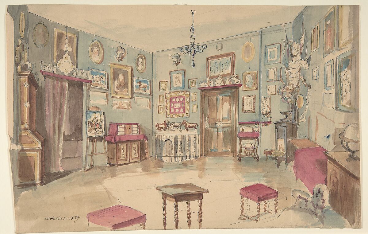 Drawing of an Interior: Atelier, Anonymous, French, 19th century, Graphite, pen and blue ink, watercolor 