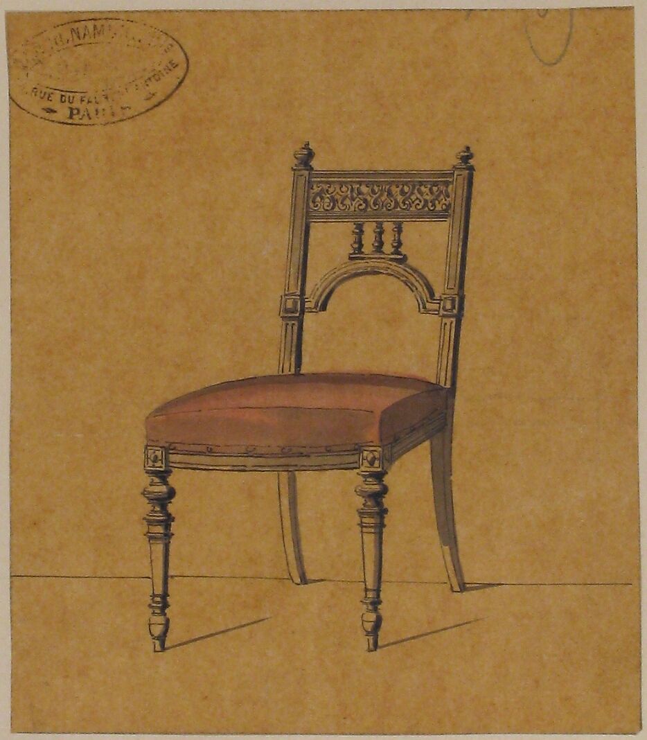Design for a Chair, A. Damon et Cie. (French, active ca. 1870–1900), Pen and black ink, brush and gray and brown wash; framing lines in graphite