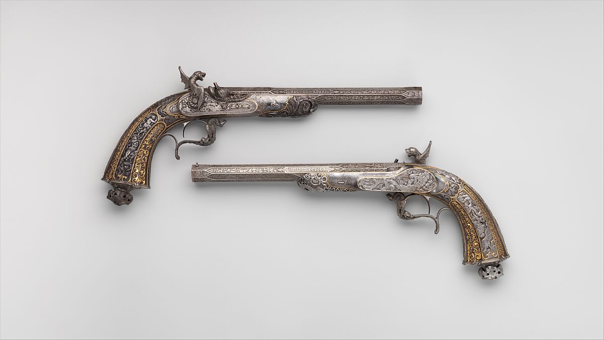 Two Percussion Exhibition Pistols, Signed by Gilles Michel Louis Moutier-Le Page (French,  1810–1887), Steel, gold, French 