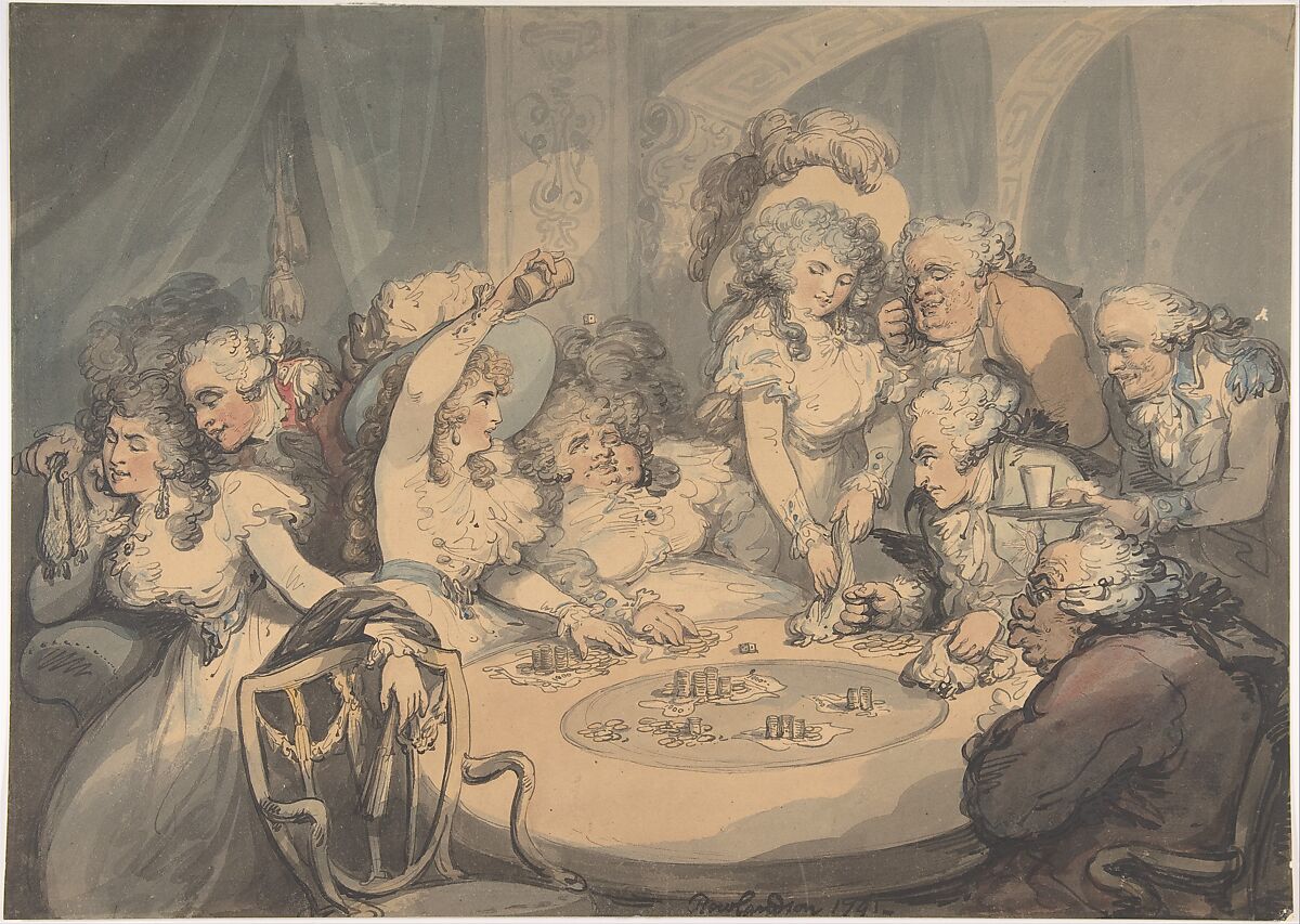A Gaming Table at Devonshire House, Thomas Rowlandson (British, London 1757–1827 London), Pen and ink, brush and wash, watercolor 