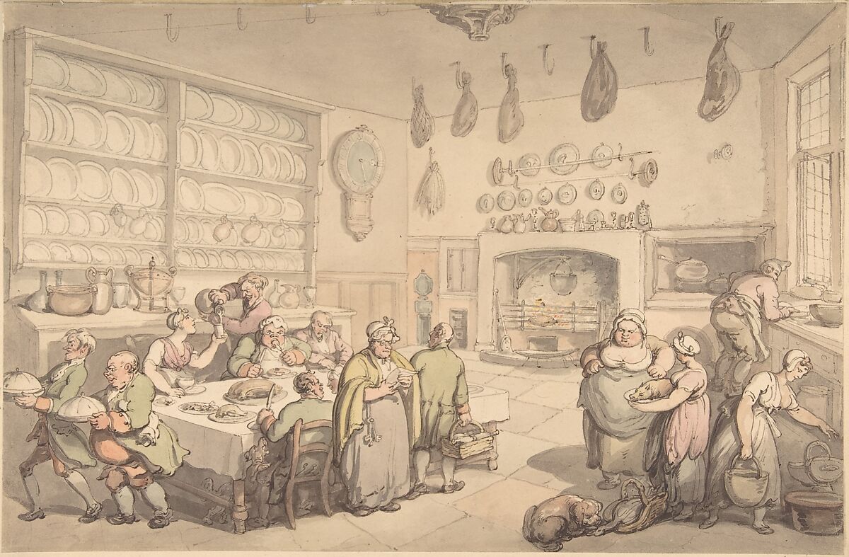 The Squire's Kitchen, Thomas Rowlandson (British, London 1757–1827 London), Pen and brown ink, brush and brown wash, watercolor 