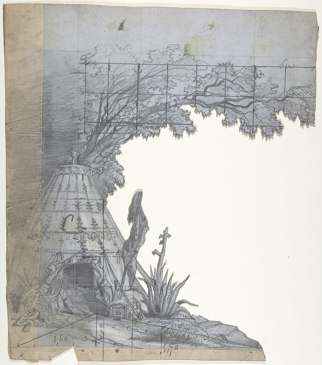 Design for a Stage Set at the Opéra, Paris: A Tent, Eugène Cicéri (French, Paris 1813–1890 Fontainebleau), Graphite, heighted with white 