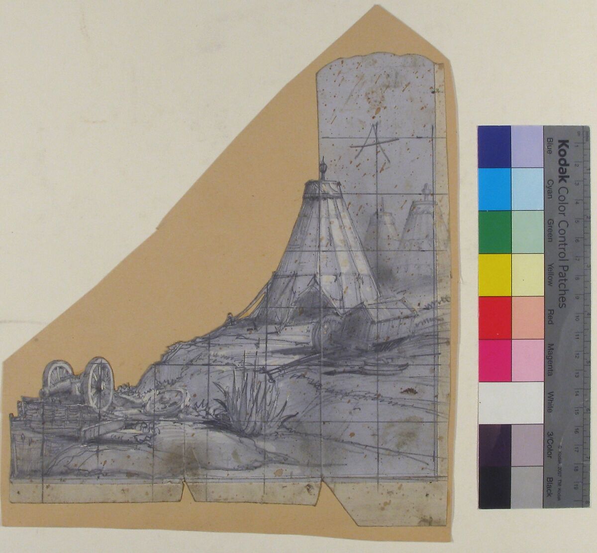 Design for a Stage Set at the Opéra, Paris: Tent and Overturned Wagon, Eugène Cicéri (French, Paris 1813–1890 Fontainebleau), Graphite, heightened with white