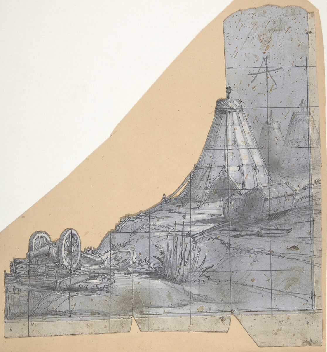 Design for a Stage Set at the Opéra, Paris: Tent and Overturned Wagon, Eugène Cicéri (French, Paris 1813–1890 Fontainebleau), Graphite, heightened with white 