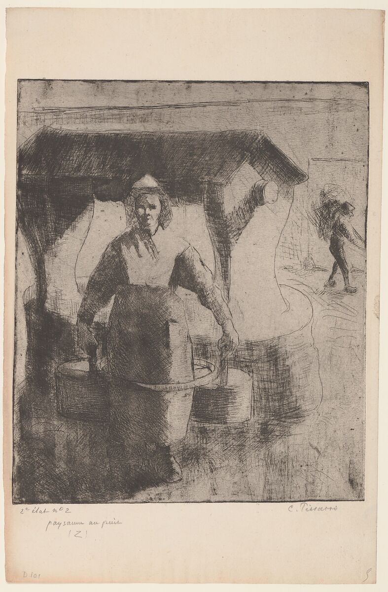 Woman at a Well, Camille Pissarro (French, Charlotte Amalie, Saint Thomas 1830–1903 Paris), Etching and aquatint on laid paper; second state of three 