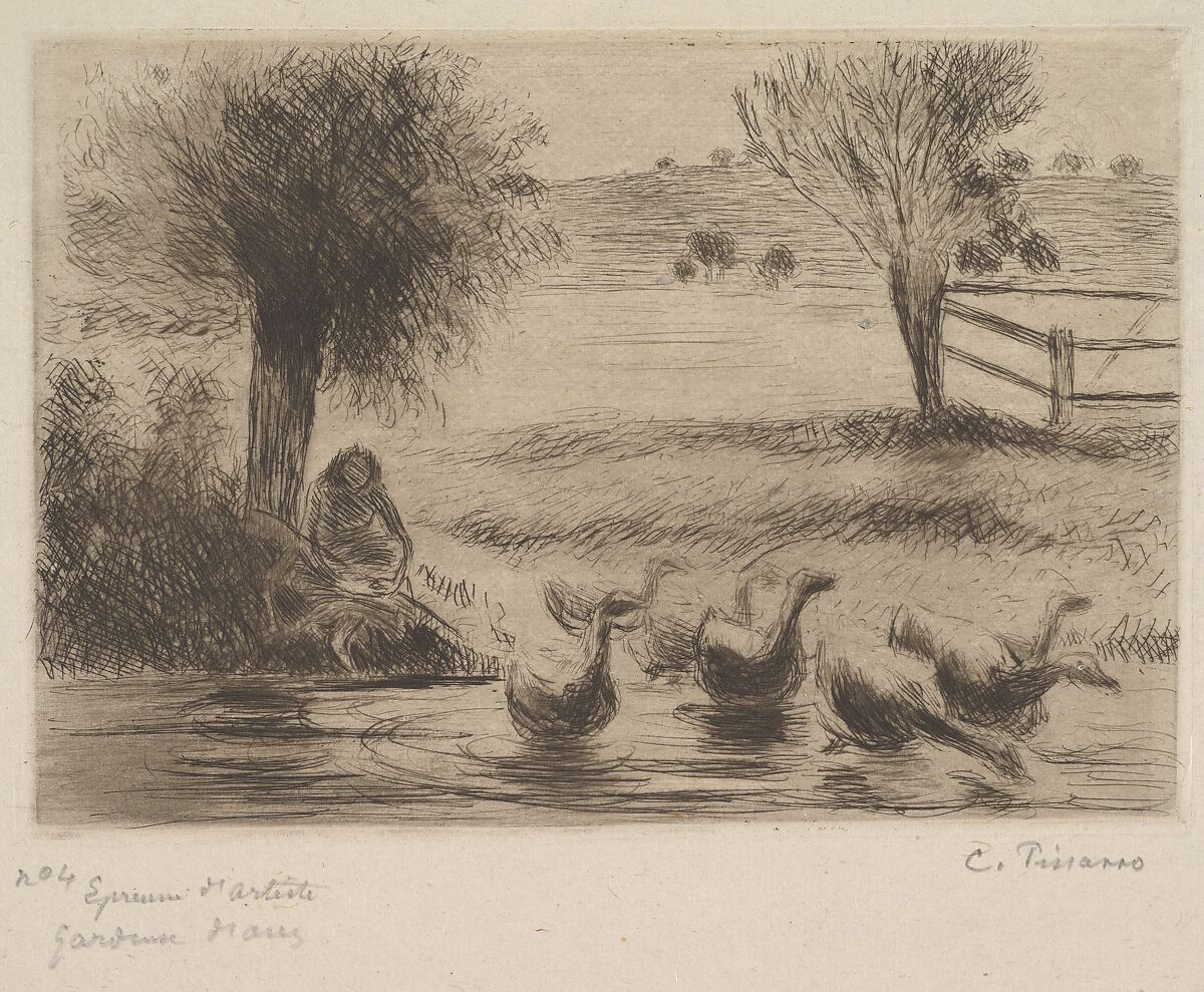 Goose Girl, Camille Pissarro (French, Charlotte Amalie, Saint Thomas 1830–1903 Paris), Etching and drypoint on china paper; first state of three 