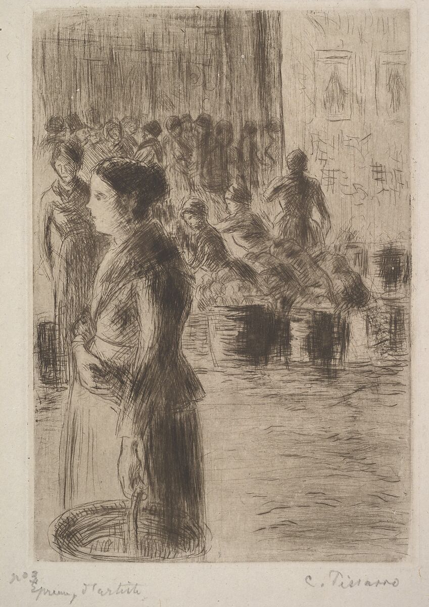 The Maid at the Market, Camille Pissarro (French, Charlotte Amalie, Saint Thomas 1830–1903 Paris), Etching and drypoint on china paper; second state of four 