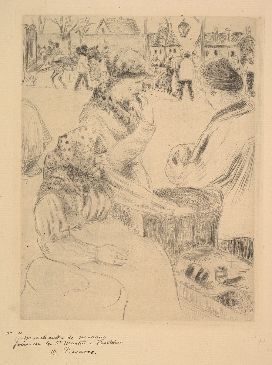 Chestnut Vendor, St. Martin's Market, Pontoise, Camille Pissarro (French, Charlotte Amalie, Saint Thomas 1830–1903 Paris), Drypoint, with stippling; first state before steelfacing, on yellow/brown laid paper; first state of two 