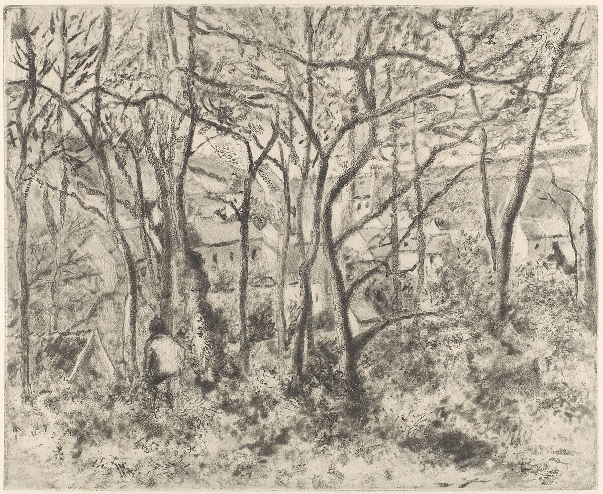 The Woods at L'Hermitage, Pontoise, Camille Pissarro (French, Charlotte Amalie, Saint Thomas 1830–1903 Paris), Softground etching, aquatint, and drypoint on china paper; sixth state (per Shapiro) 