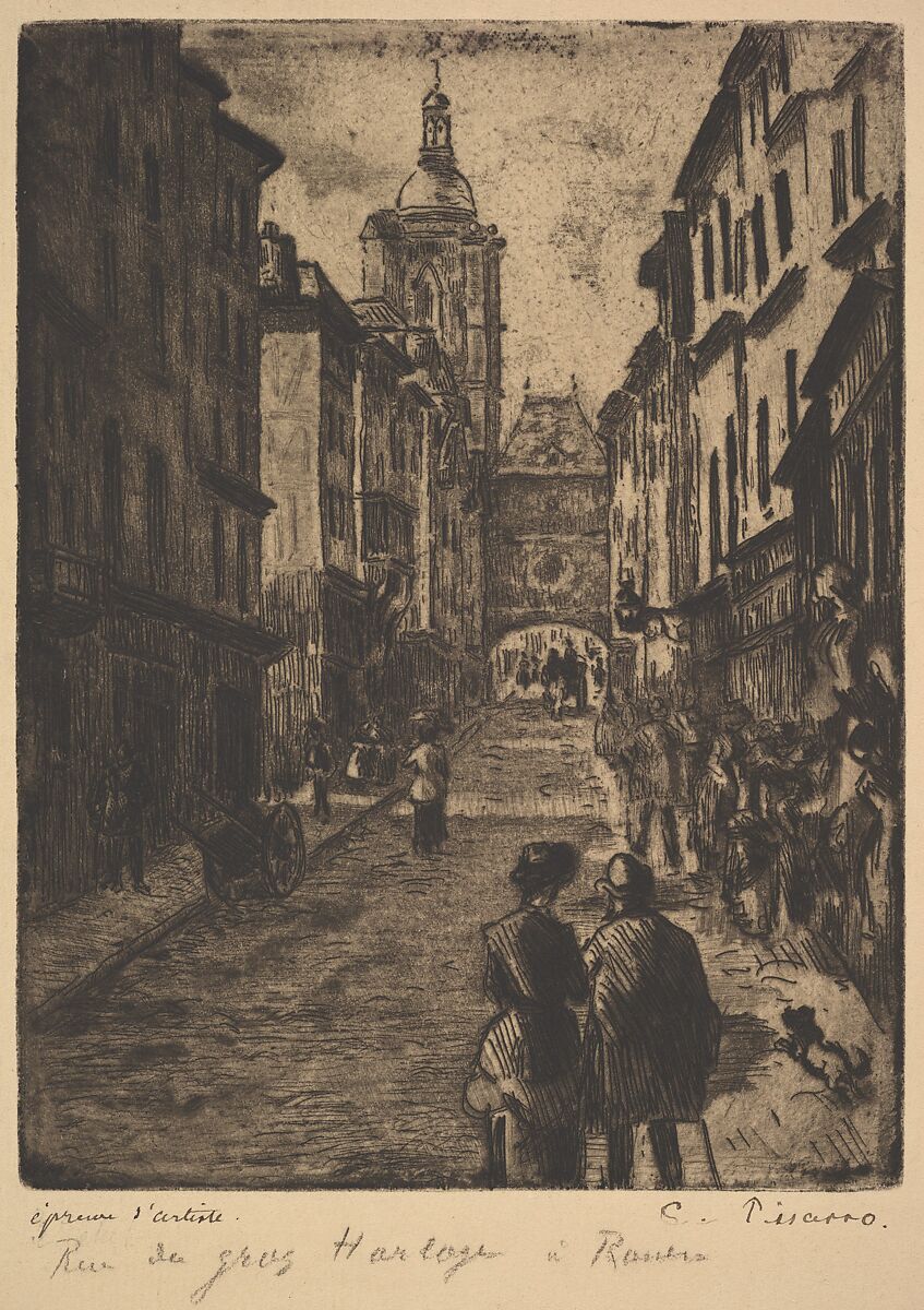 The Street of the Grand Clock, Rouen, Camille Pissarro (French, Charlotte Amalie, Saint Thomas 1830–1903 Paris), Etching and aquatint on beige laid paper (Van Gelder); third state 