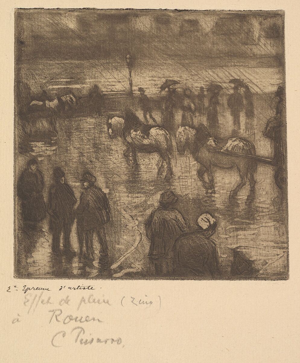 Impressions of Rain, Rouen, Camille Pissarro (French, Charlotte Amalie, Saint Thomas 1830–1903 Paris), Etching, drypoint, and aquatint 