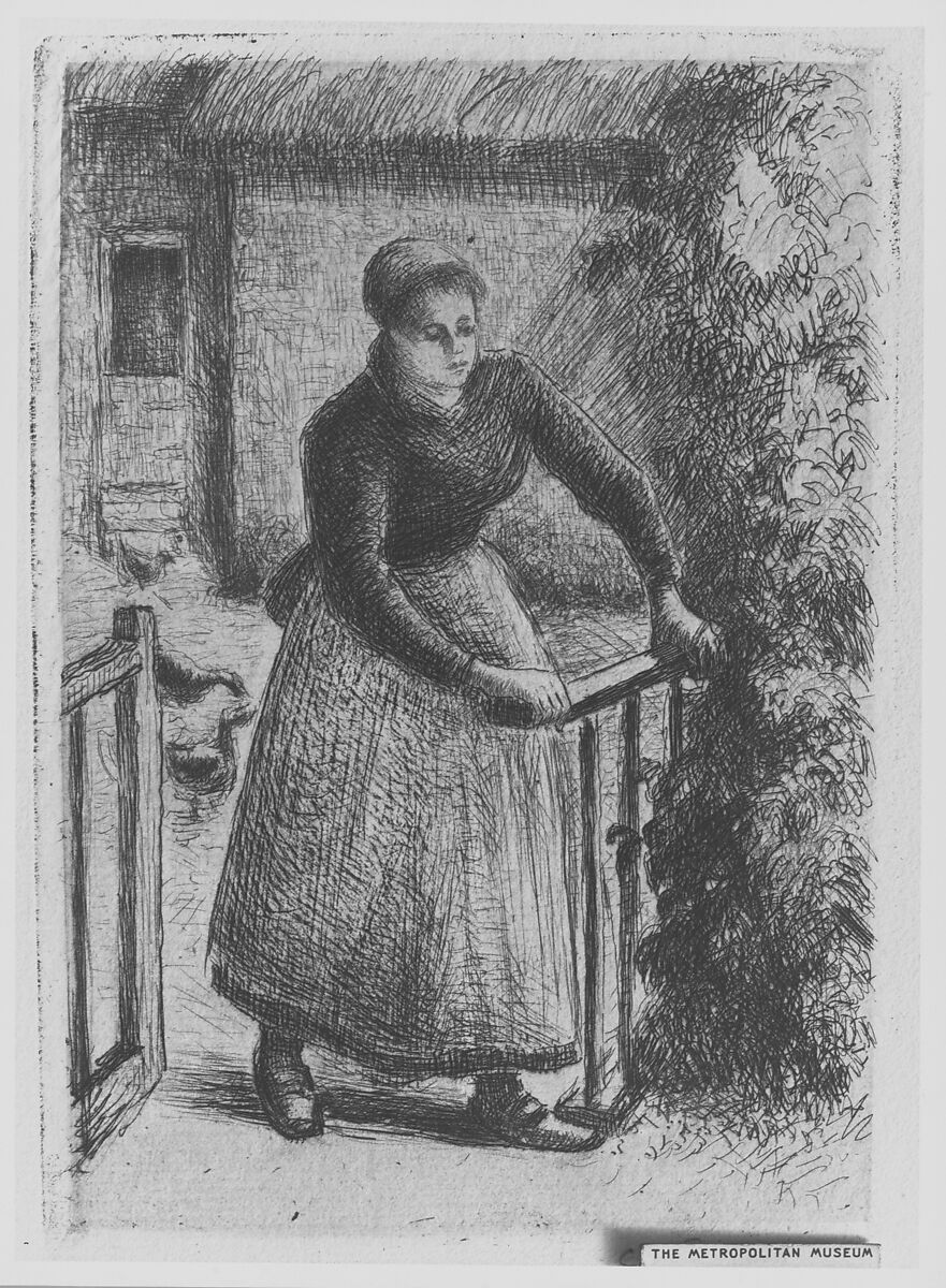 Woman at the Gate, Camille Pissarro (French, Charlotte Amalie, Saint Thomas 1830–1903 Paris), Drypoint and etching on blue laid paper; ninth state of ten