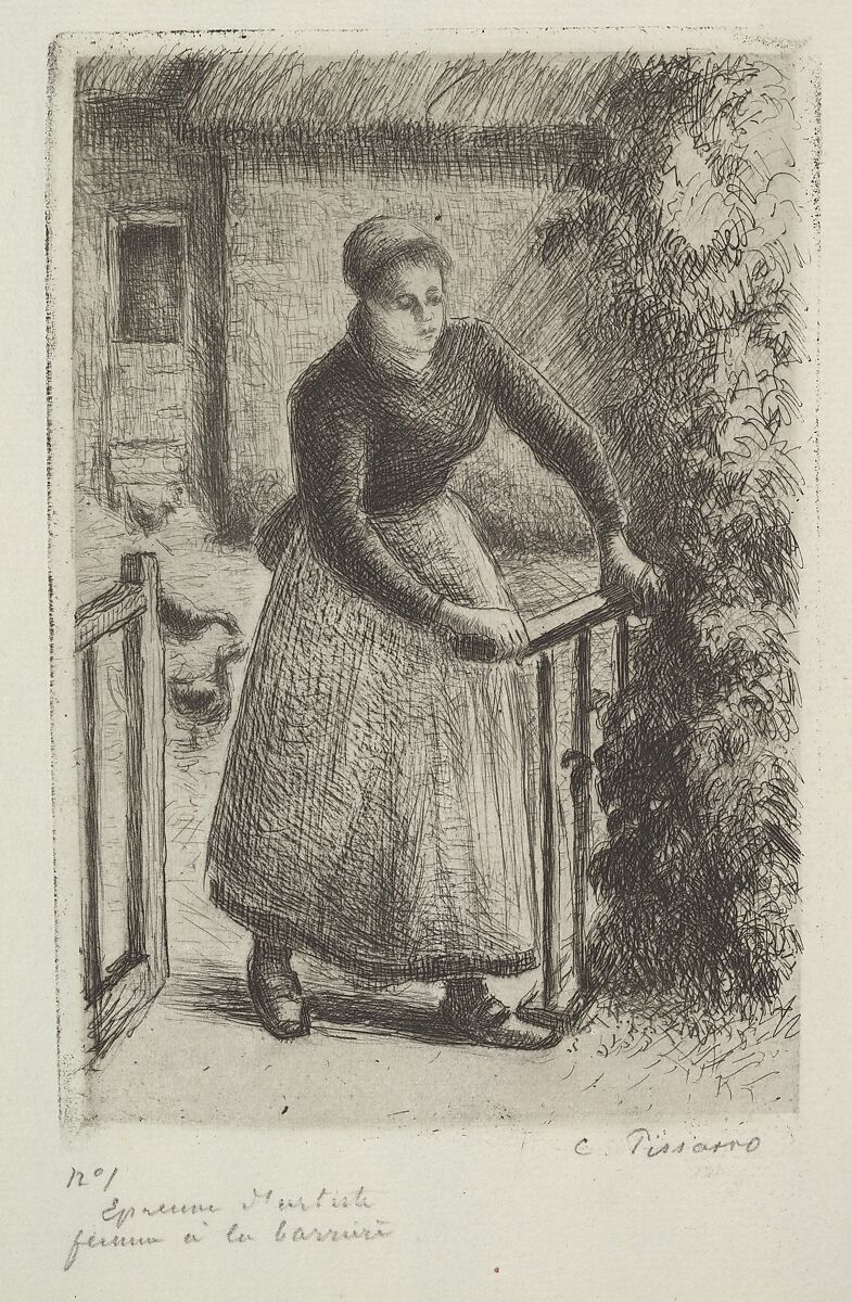 Woman at the Gate, Camille Pissarro (French, Charlotte Amalie, Saint Thomas 1830–1903 Paris), Drypoint and etching on blue laid paper; ninth state of ten 