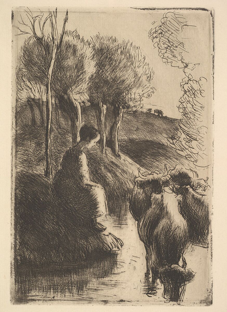 Cowherd, at Water's Edge, Camille Pissarro (French, Charlotte Amalie, Saint Thomas 1830–1903 Paris), etching and drypoint on laid paper; eighth state of eight 