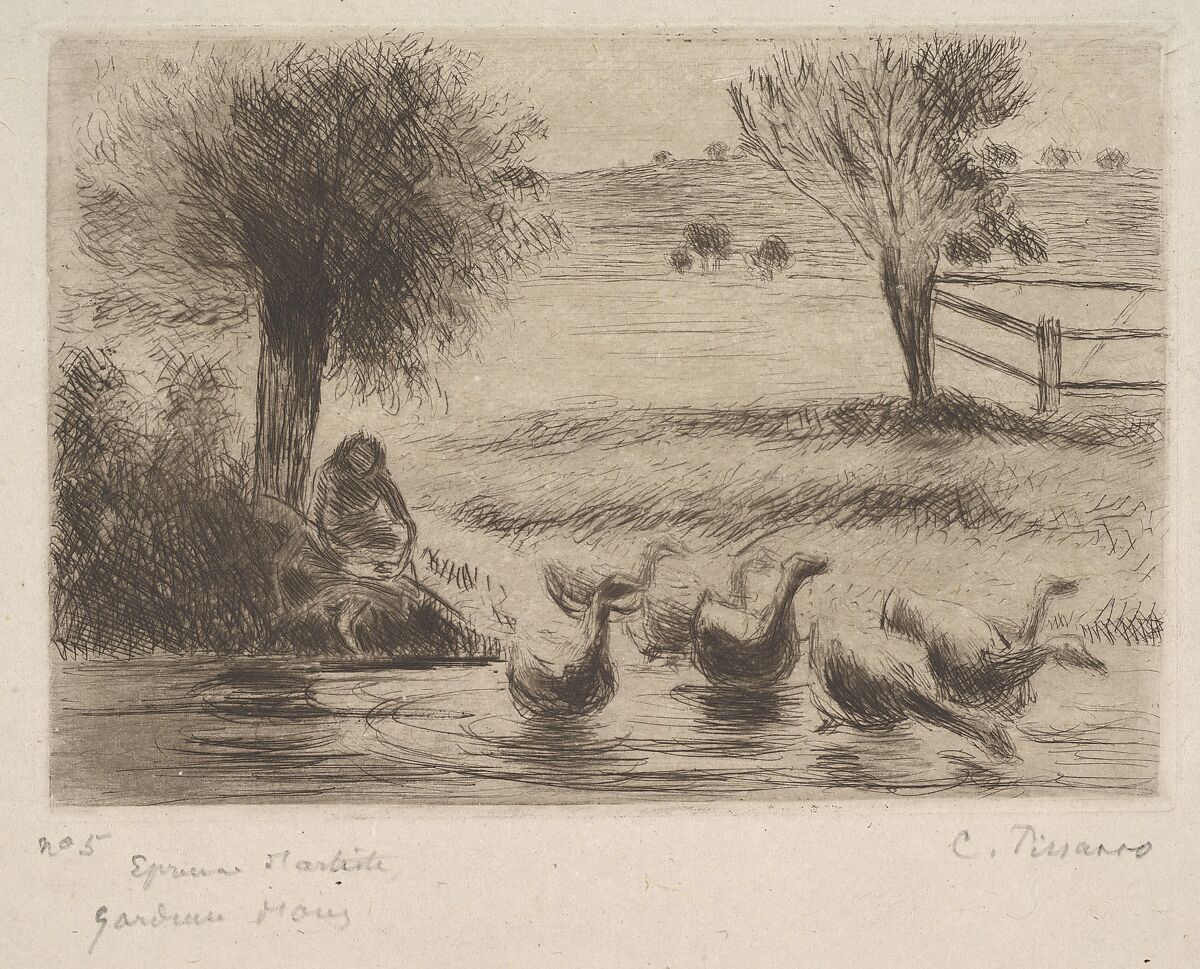 Goose Girl, Camille Pissarro (French, Charlotte Amalie, Saint Thomas 1830–1903 Paris), Etching and drypoint on china paper; third state of three 