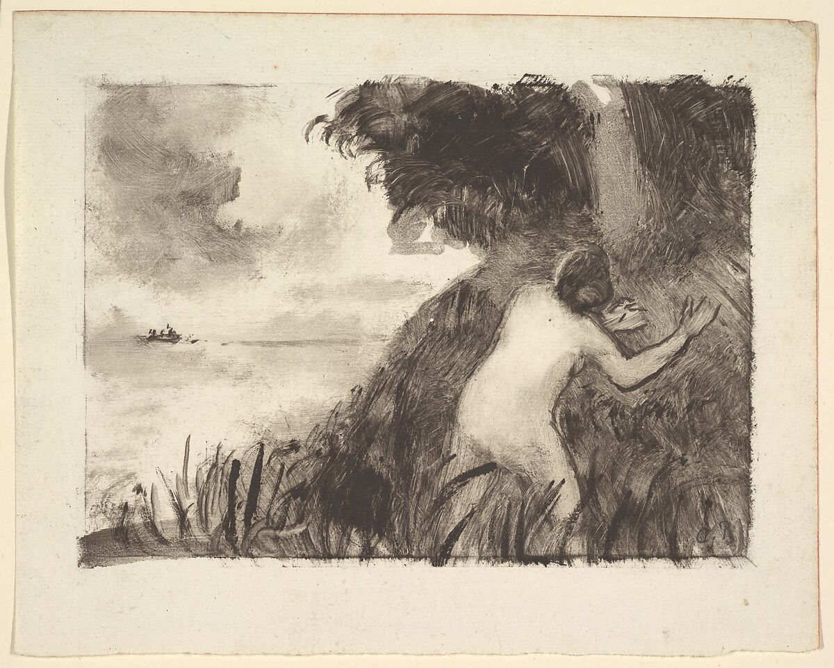 Bather Standing Among Grasses at the Shore, Camille Pissarro (French, Charlotte Amalie, Saint Thomas 1830–1903 Paris), Monotype in brown/black ink on light blue laid paper 