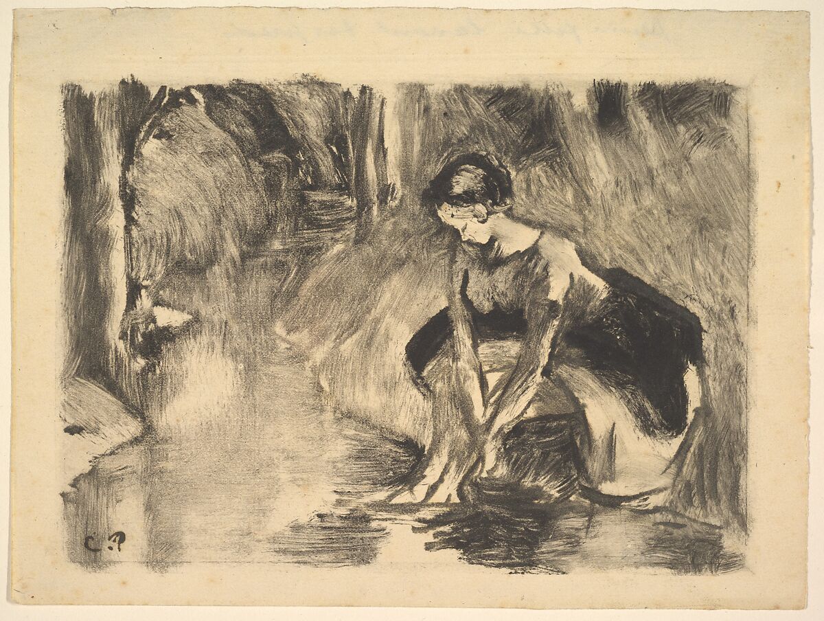 A Young Woman Washing Her Feet at the Edge of a Stream, Camille Pissarro (French, Charlotte Amalie, Saint Thomas 1830–1903 Paris), Monotype on wove paper 