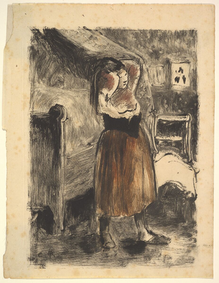 Woman Arranging Her Hair, Camille Pissarro (French, Charlotte Amalie, Saint Thomas 1830–1903 Paris), Monotype in black and red inks on wove paper 