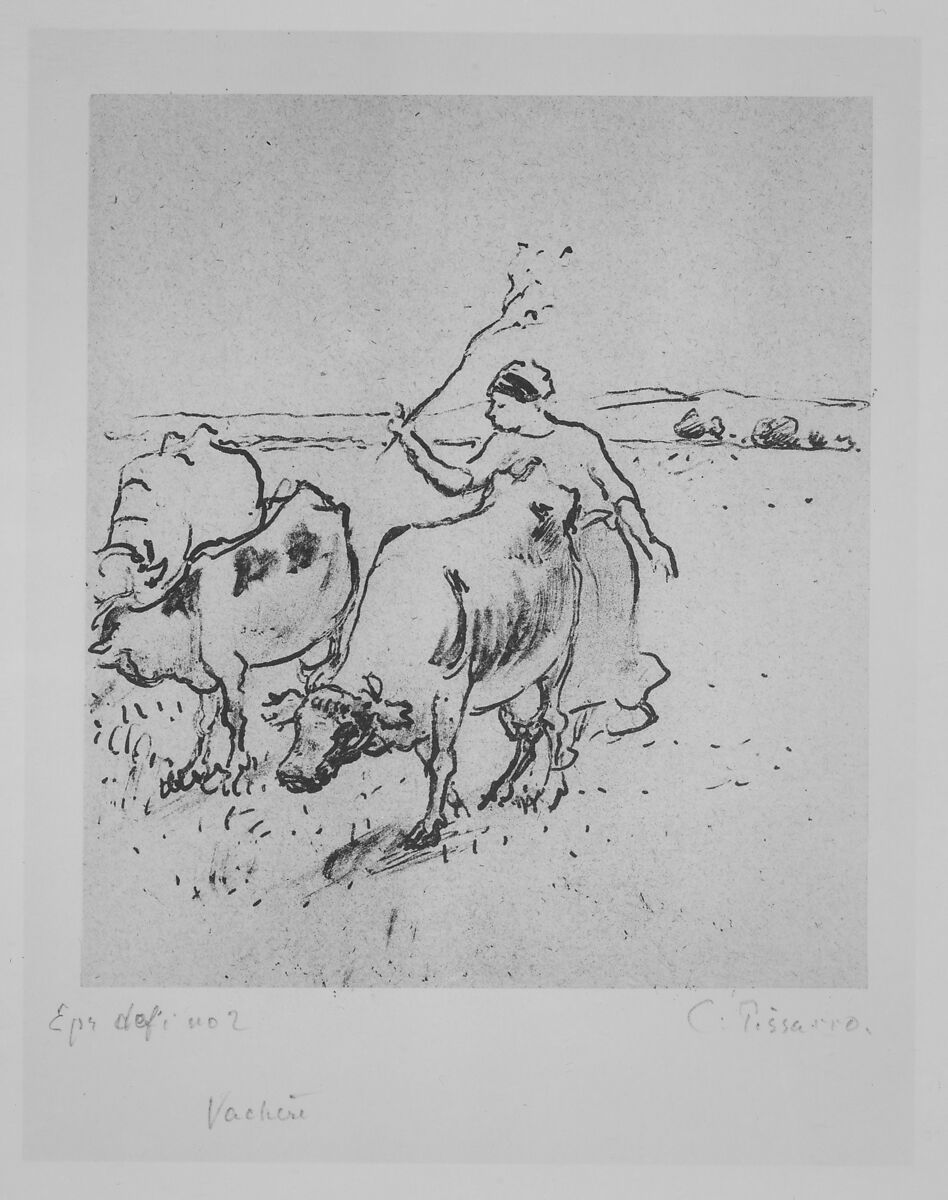 Cowherd, Camille Pissarro (French, Charlotte Amalie, Saint Thomas 1830–1903 Paris), Lithograph on pink/gray chine collé; only state