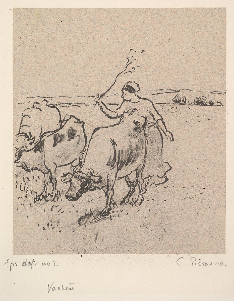 Cowherd, Camille Pissarro (French, Charlotte Amalie, Saint Thomas 1830–1903 Paris), Lithograph on pink/gray chine collé; only state 