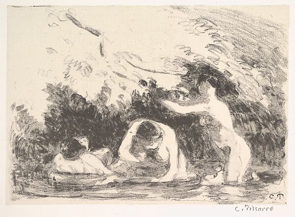 Bathers in the Shade of Wooded Banks (Baigneuses à L'Ombre des Berges Boisées), Camille Pissarro (French, Charlotte Amalie, Saint Thomas 1830–1903 Paris), Lithograph on chine collé; second state of two 