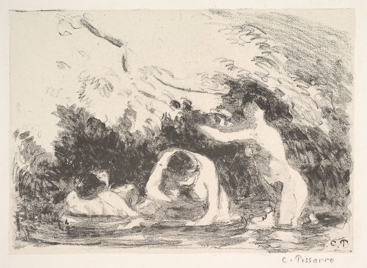 Bathers in the Shade of Wooded Banks, Camille Pissarro (French, Charlotte Amalie, Saint Thomas 1830–1903 Paris), Lithograph on chine collé; second state of two 