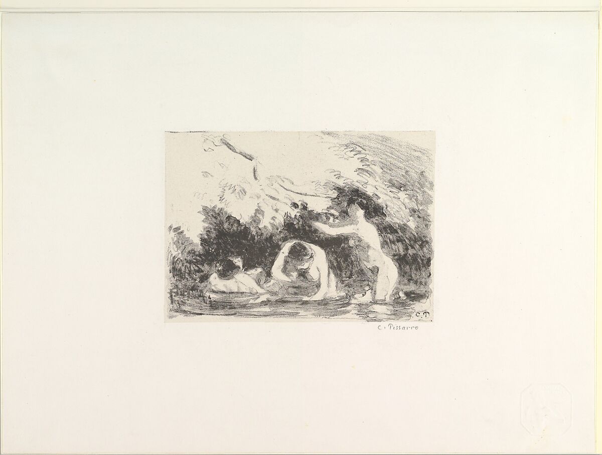Bathers in the Shade of Wooded Banks, Camille Pissarro (French, Charlotte Amalie, Saint Thomas 1830–1903 Paris), Lithograph on chine collé; second state of two