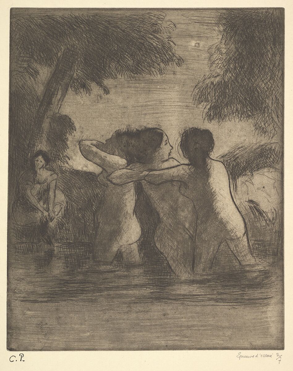 Four Bathers, Camille Pissarro (French, Charlotte Amalie, Saint Thomas 1830–1903 Paris), Etching and drypoint on wove paper; second state of two; posthumous impression 