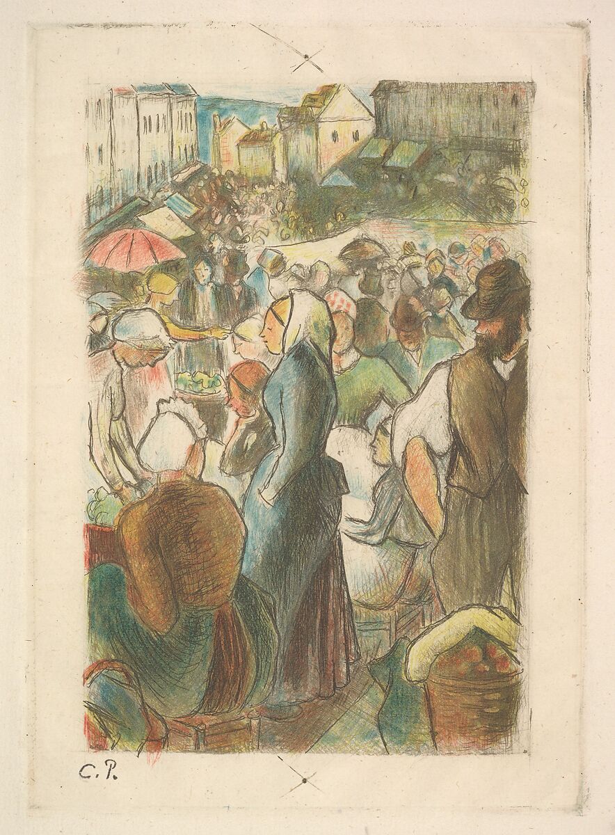 The Market at Gisors: Rue Cappeville, Camille Pissarro (French, Charlotte Amalie, Saint Thomas 1830–1903 Paris), Color etching and drypoint on laid paper; seventh state of seven; posthumous impression 