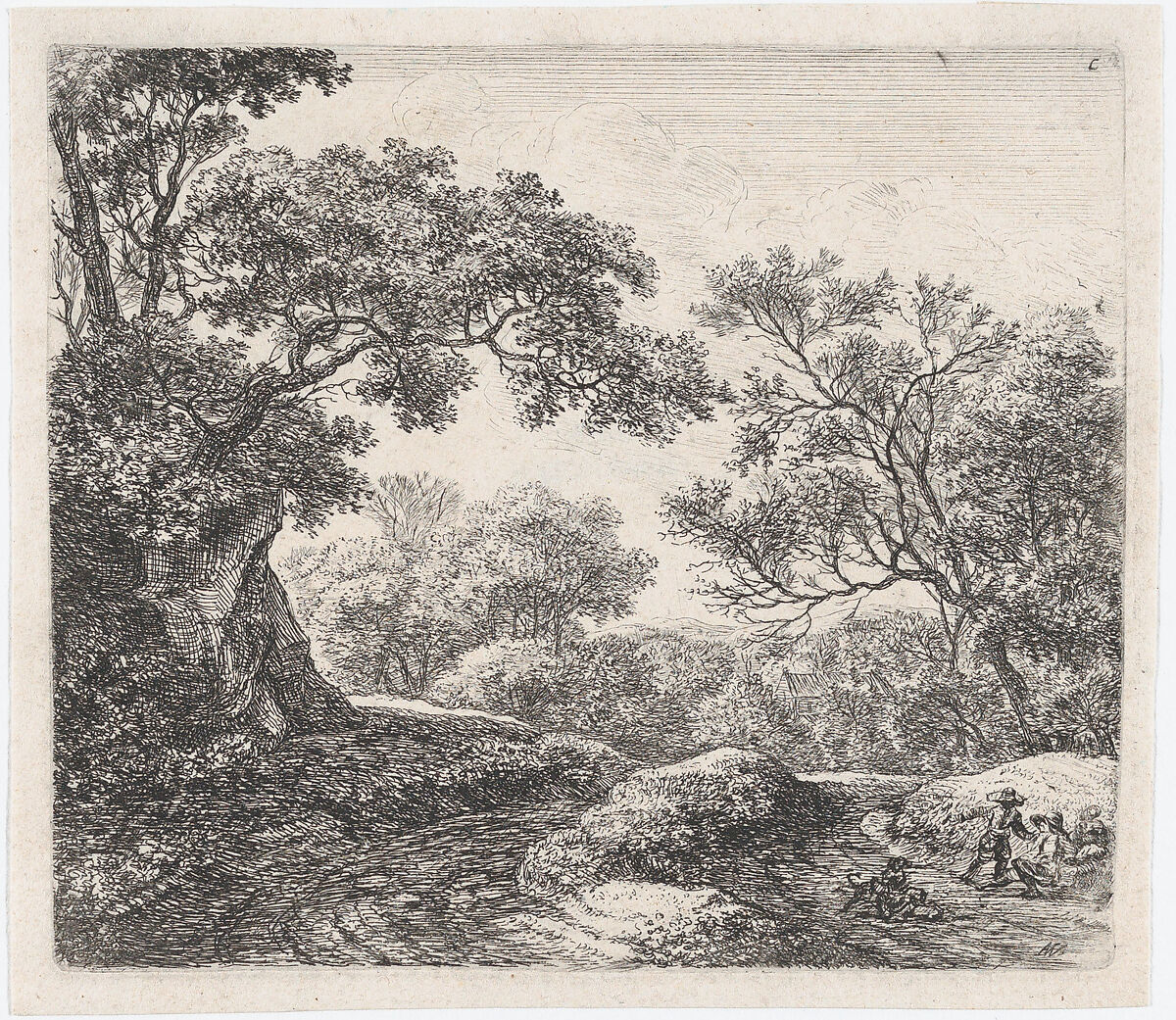 Three Boys and Their Dogs (L'Allée dans le Bois), Anthonie Waterloo (Dutch, Lille 1609–1690 Utrecht), Etching, first state of two 