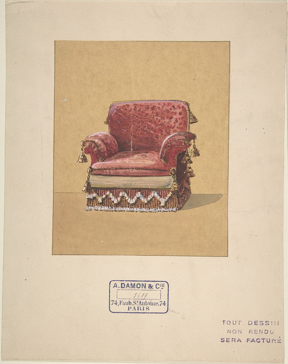 Design for an Armchair, A. Damon et Cie. (French, active ca. 1870–1900), Graphite, pen and black ink, watercolor and gouache; framing lines in graphite 