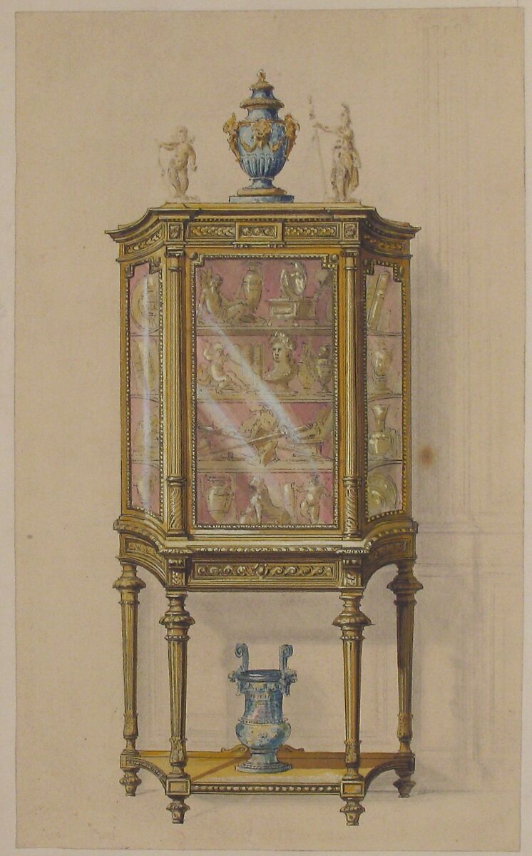 Design for a Cabinet with a Vitrine, A. Damon et Cie. (French, active ca. 1870–1900), Graphite, pen and black ink, watercolor, gouache