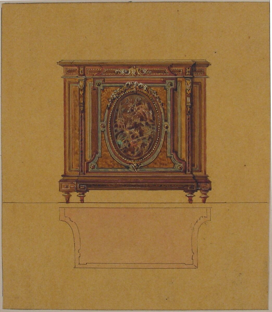 Design for a Commode, A. Damon et Cie. (French, active ca. 1870–1900), Pen and black ink, watercolor, gouache