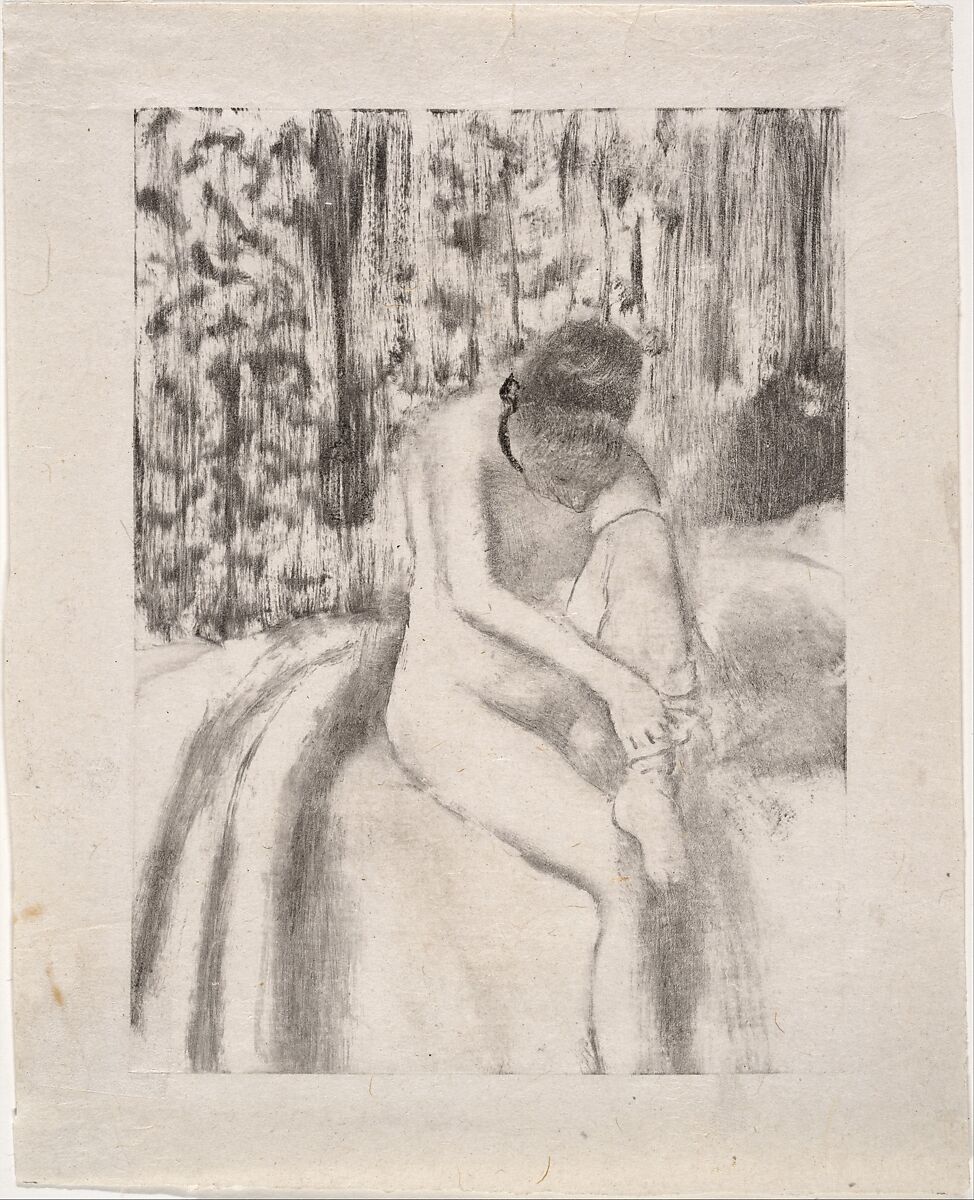 Girl Putting on Her Stockings, Edgar Degas (French, Paris 1834–1917 Paris), Monotype in black ink printed on china paper, mounted on cardboard (monotype) 