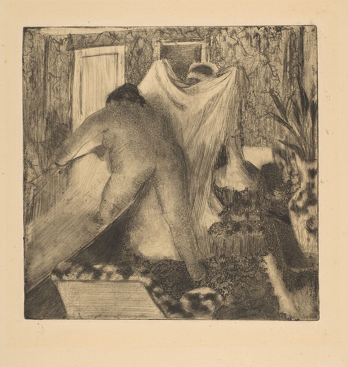 Leaving the Bath, Edgar Degas (French, Paris 1834–1917 Paris), Drypoint and aquatint on wove paper; fifteenth state of twenty-two or more states 