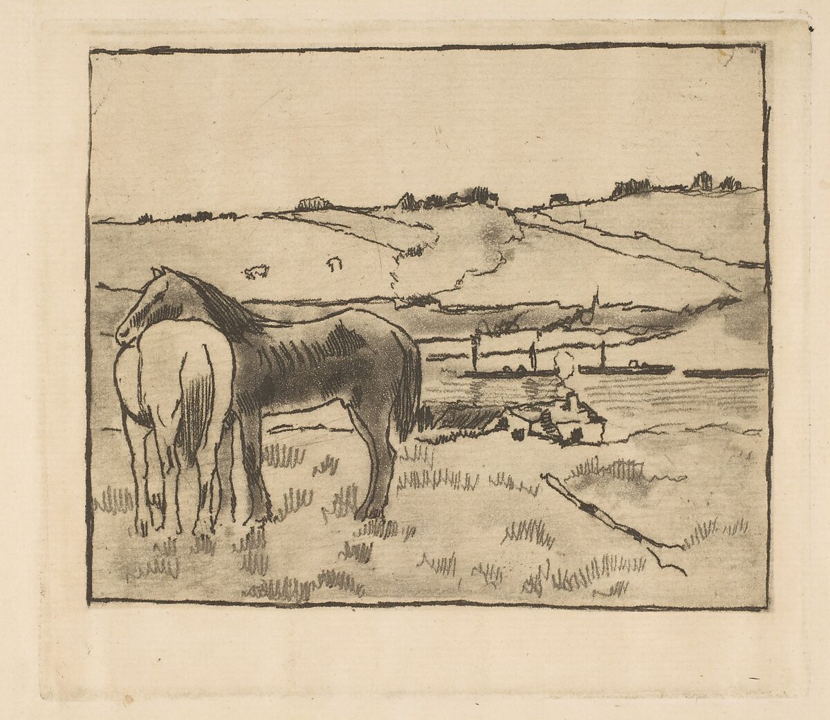 Horses in the Meadow, Edgar Degas (French, Paris 1834–1917 Paris), Softground etching, aquatint, and drypoint on laid paper; second state of three (unique impression) 