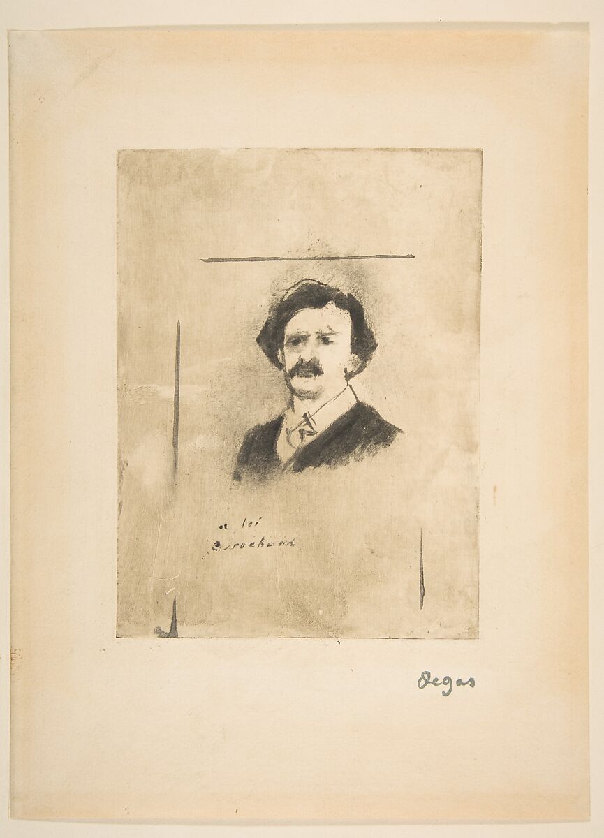 Portrait of Virginie Cardinal's Favorite, the Actor Crochard (illustration for La Famille Cardinal by Ludovic Halévy), Edgar Degas (French, Paris 1834–1917 Paris), Black ink printed on laid paper, mounted on heavy paper (monotype)
