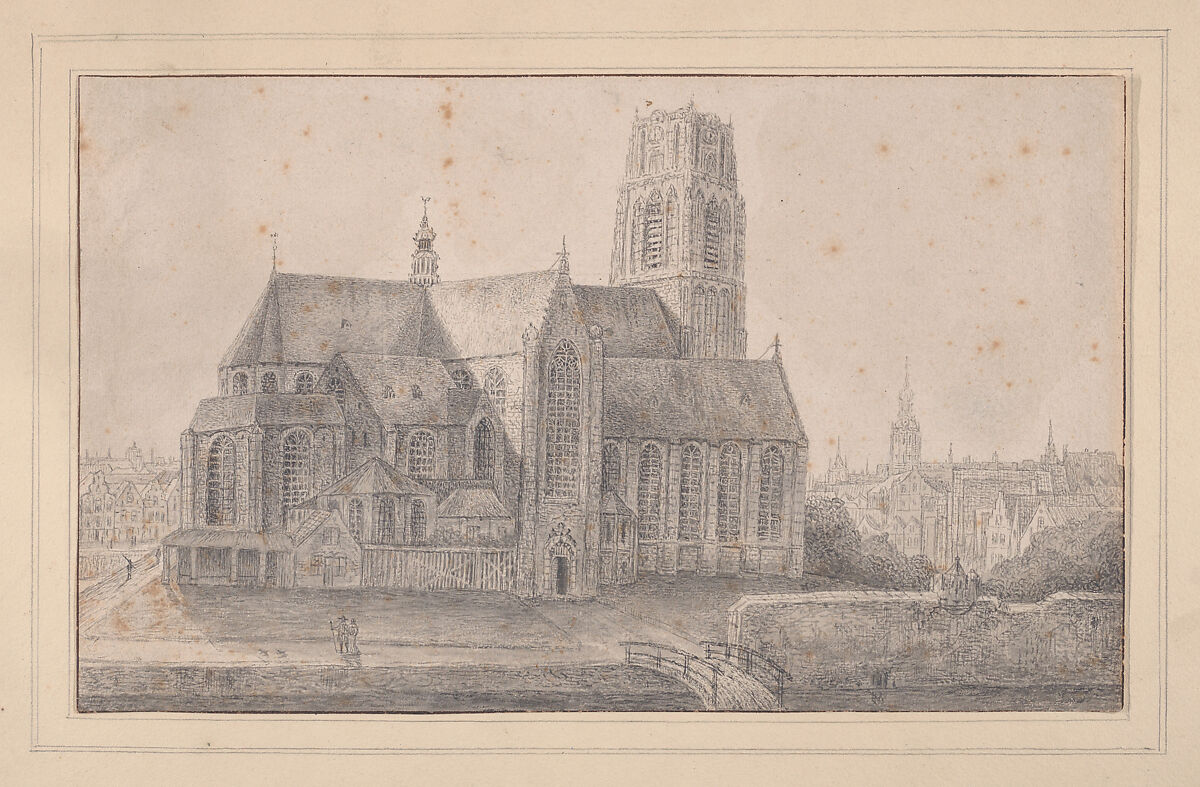 View of the Laurenskerk, Rotterdam, After Gerrit van Battem (Dutch, 1636–1684), Pen and black and gray ink, with brush and black and gray ink; framing line in brown ink 