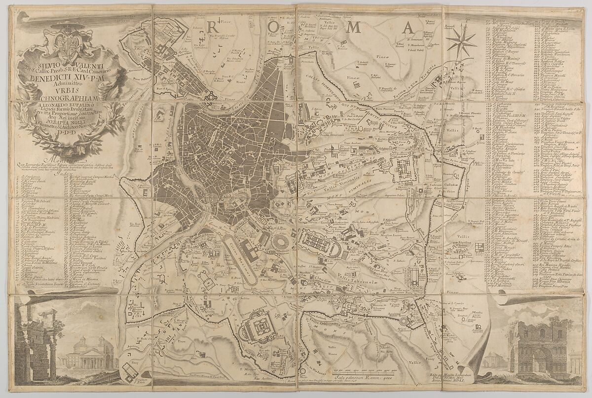 Plan of ancient Rome with a view of the Pantheon lower left and a triumphal arch lower right, Carlo Nolli (Italian, Como 1724–after 1770 Naples), Etching, sixteen separate sheets joined and backed on linen 