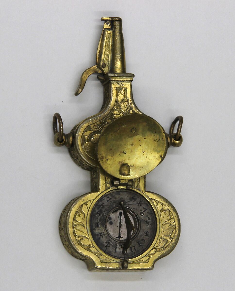 Priming Flask with Sundial and Compass, Brass, gold, silver, steel, German, probably Nuremberg 