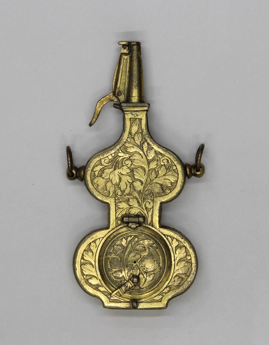 Priming Flask with Sundial and Compass, Brass, gold, silver, steel, German, probably Nuremberg