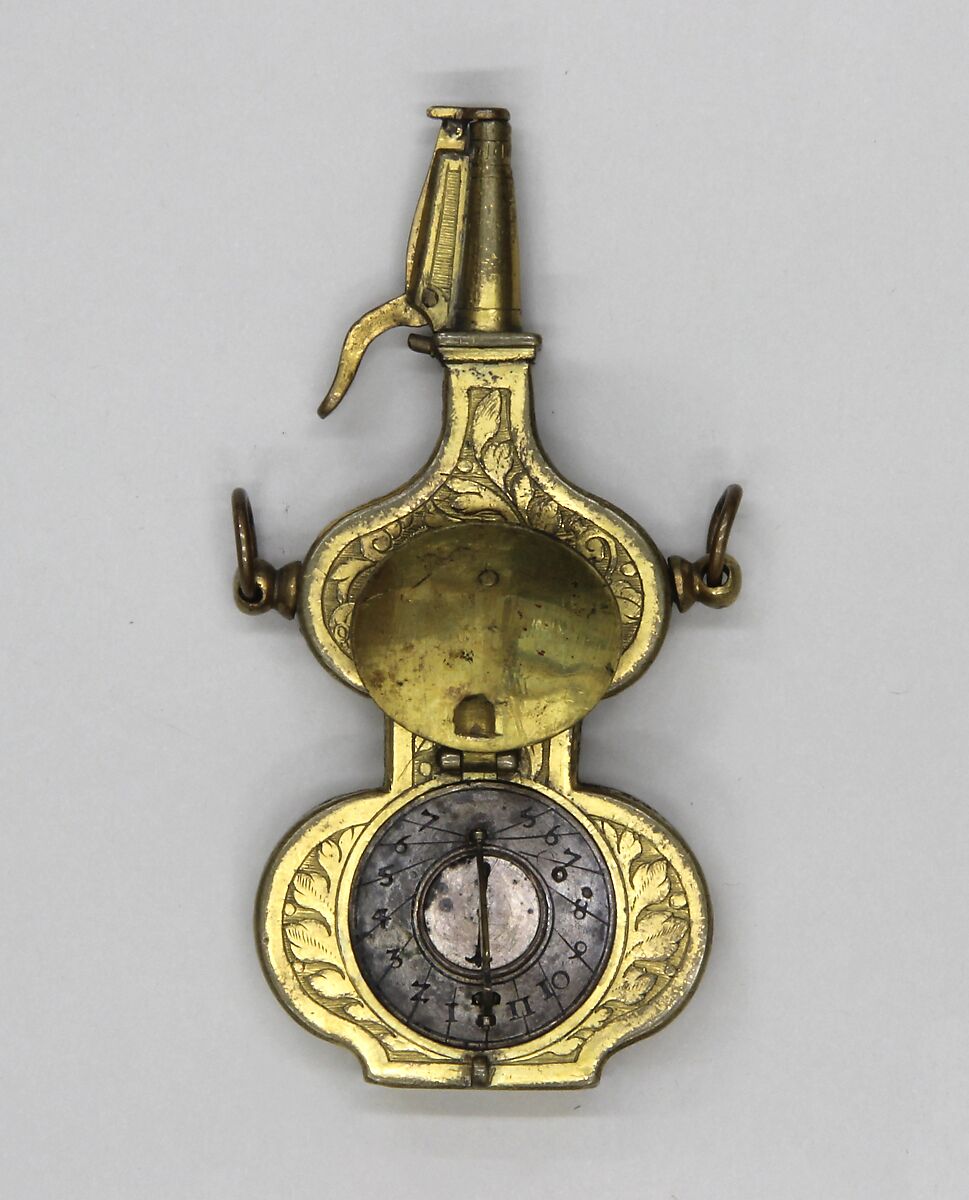 Priming Flask with Sundial and Compass, Brass, gold, silver, steel, German, probably Nuremberg