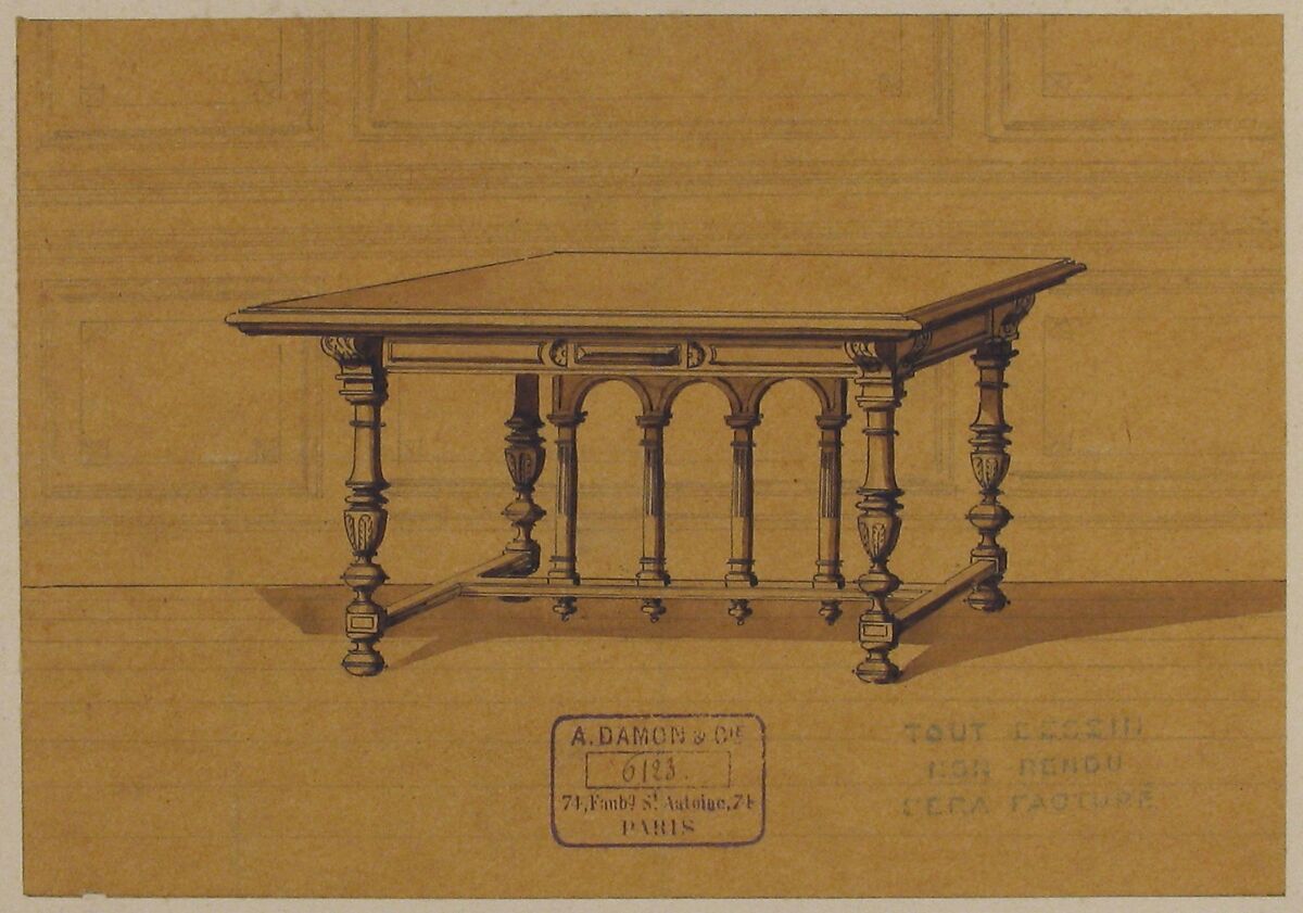 Design for a Table, A. Damon et Cie. (French, active ca. 1870–1900), Graphite, pen and black ink, brush and brown ink