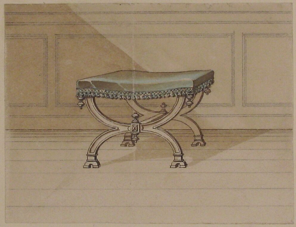 Design for a Stool, A. Damon et Cie. (French, active ca. 1870–1900), Pen and brown ink, brush and brown and light green wash