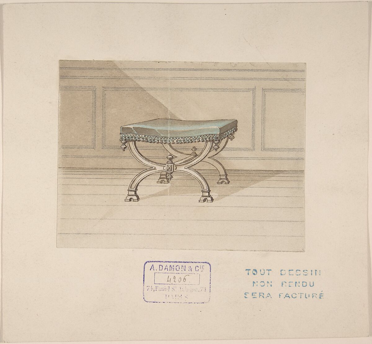 Design for a Stool, A. Damon et Cie. (French, active ca. 1870–1900), Pen and brown ink, brush and brown and light green wash 