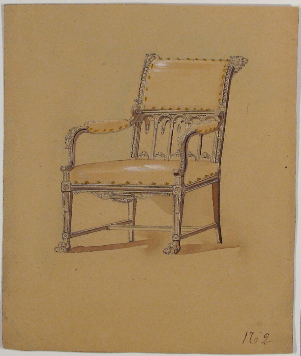 Design for a Chair, Anonymous, French, 19th century, Graphite, brush and brown wash, gouache
