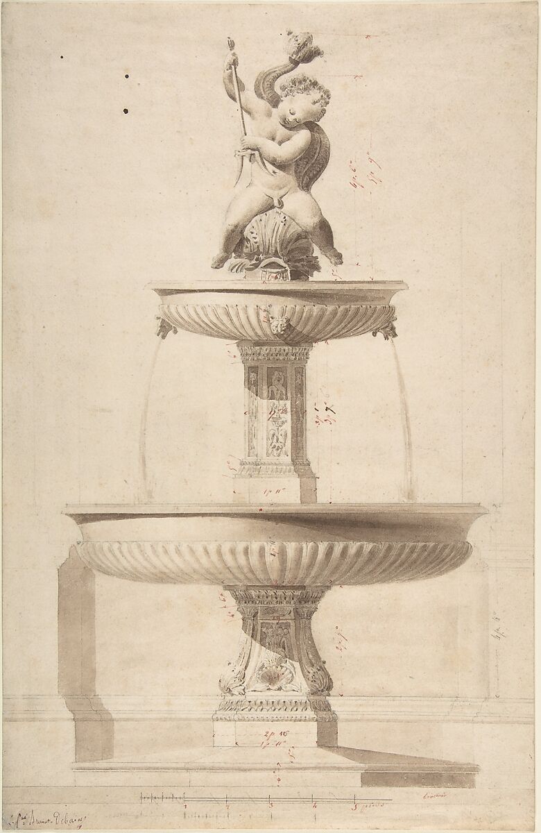 Design for a Fountain, Anonymous, French, 19th century, Graphite, brush and brown ink, pen and red ink 