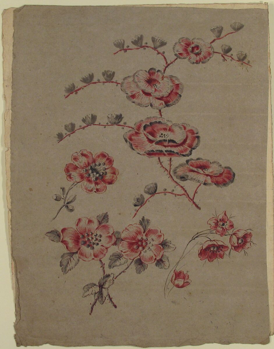 Pink Flower Pattern, Anonymous, French, 19th century, Graphite, watercolor, and gouache on gray paper