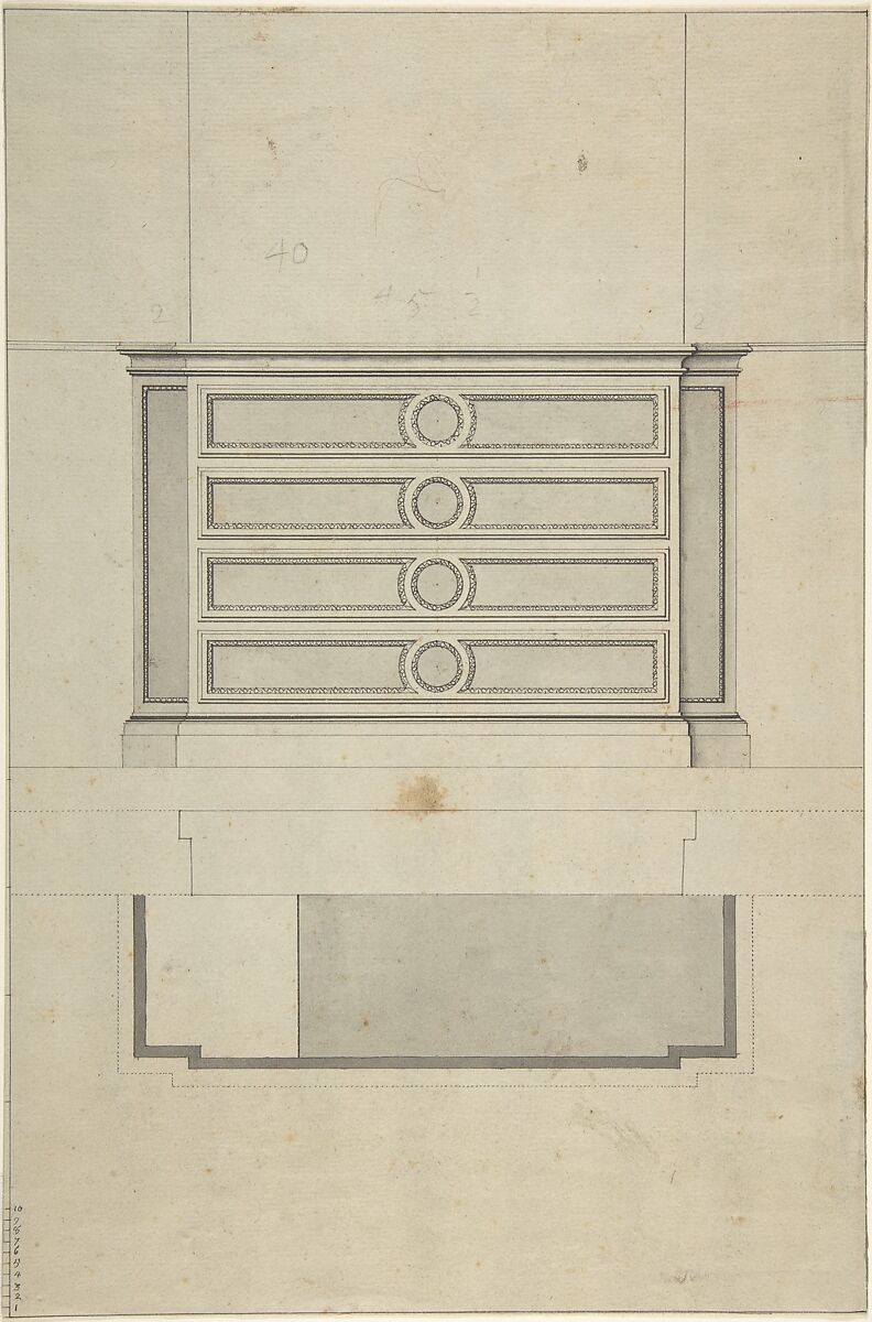 Design for Furniture, Anonymous, French, 19th century, Pen and black ink, brush and gray wash.  Framing lines in pen and black ink. 